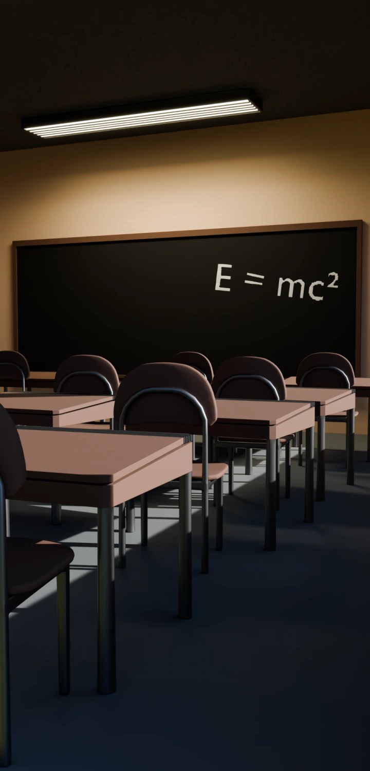 An early render of the classroom background: smooth 3D models with realistic lighting