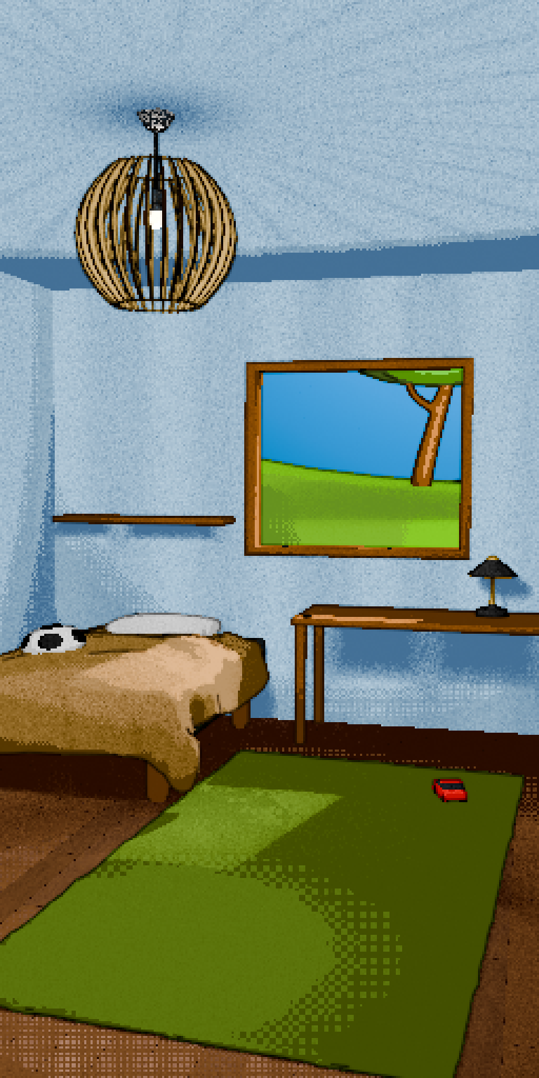 A bedroom background rendered at very low resolution with a dithering shader