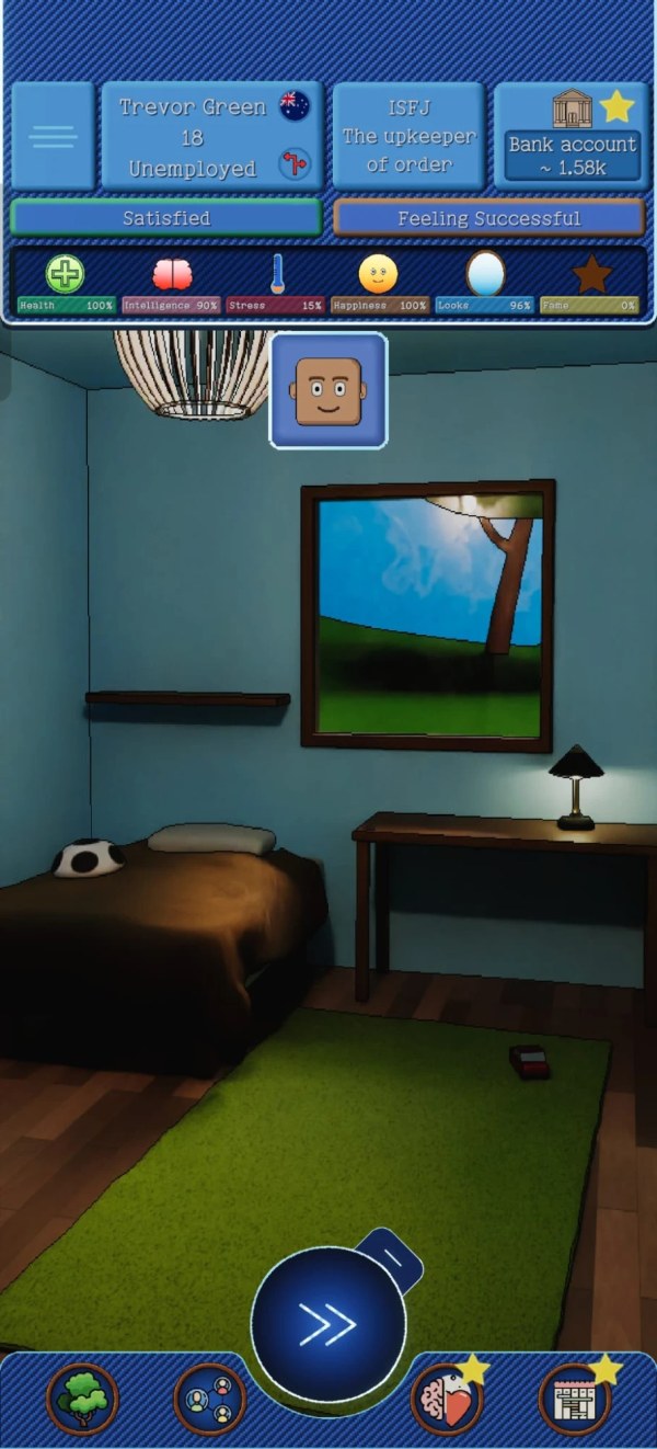 ReliveIt today, showing a pixel-art bedroom background with the stats bar and an 18 year old character at the top