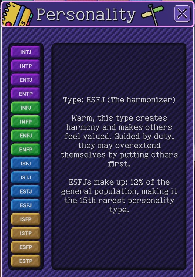 ReliveIt gameplay: the Personality screen describing the ESFJ type